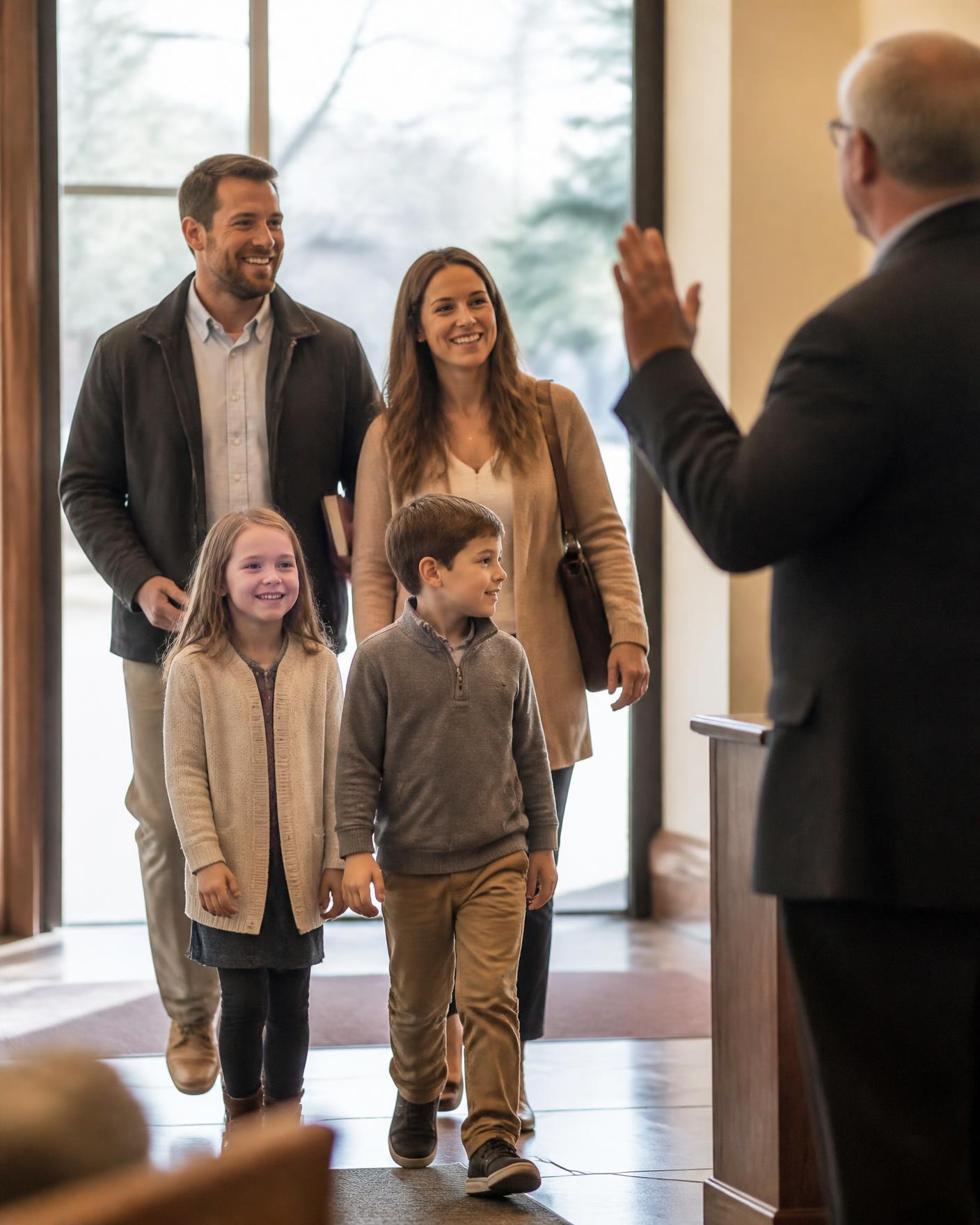 A family with young children being welcomed at the doors of Faith UMC in Manheim Township, Lancaster PA