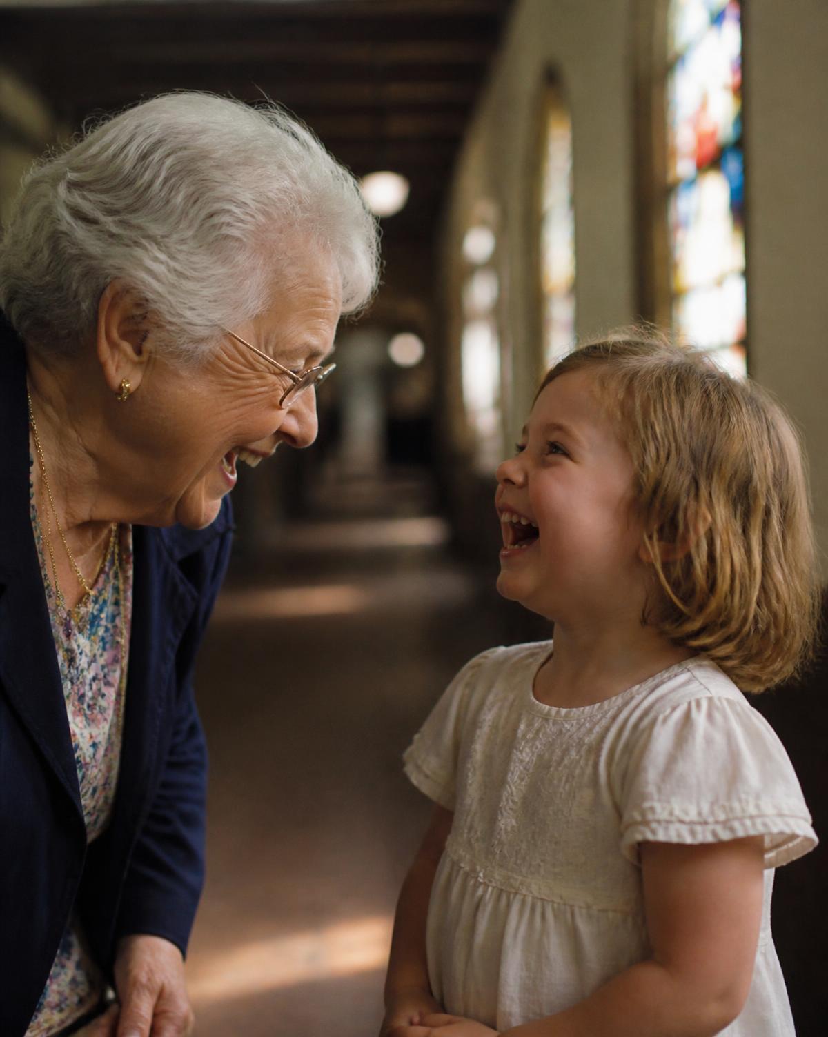 An older church member and a young child sharing a laugh at Faith UMC in Lancaster, Pennsylvania