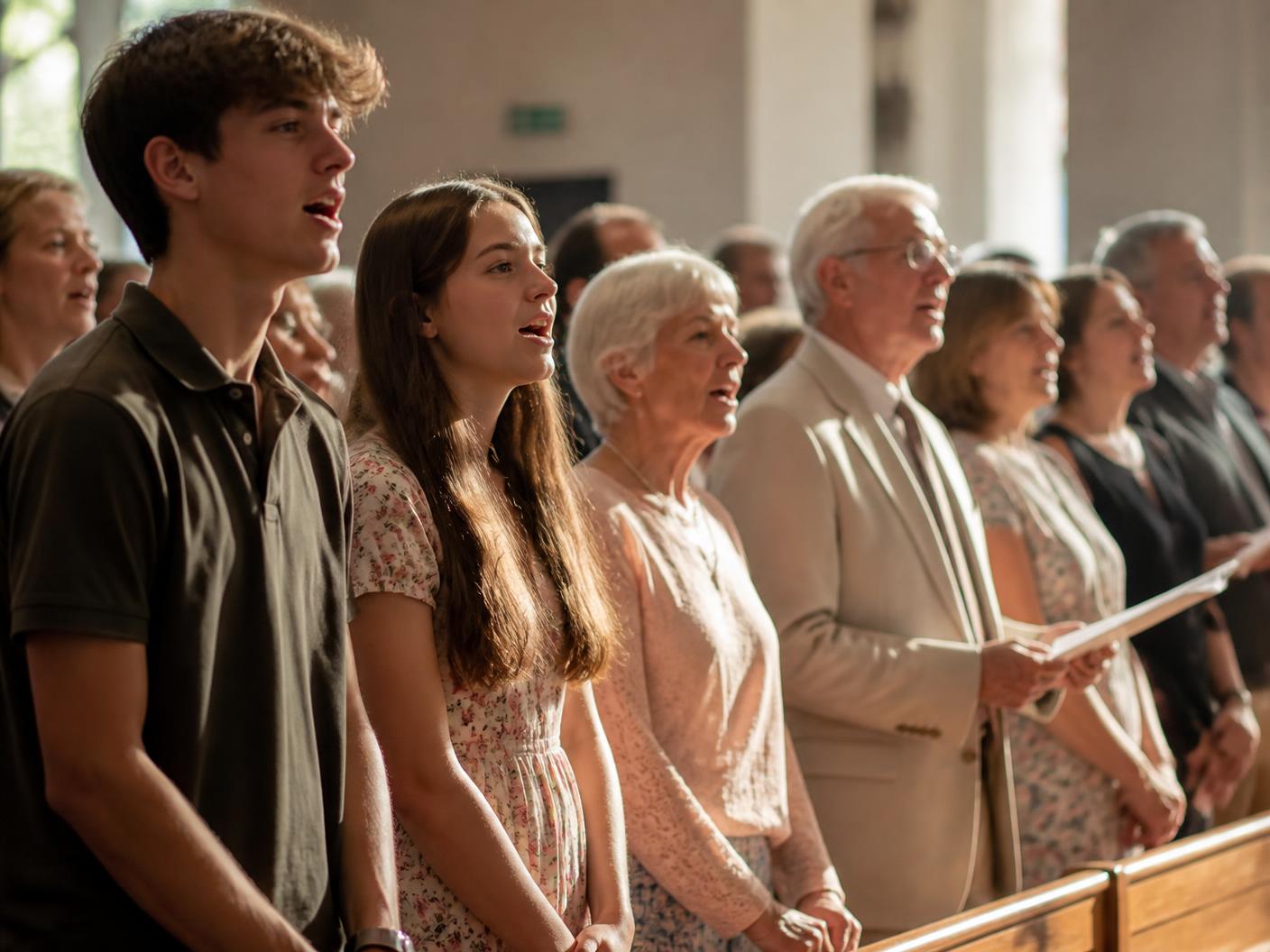 Teenagers and older adults singing side by side during Sunday worship at Faith UMC