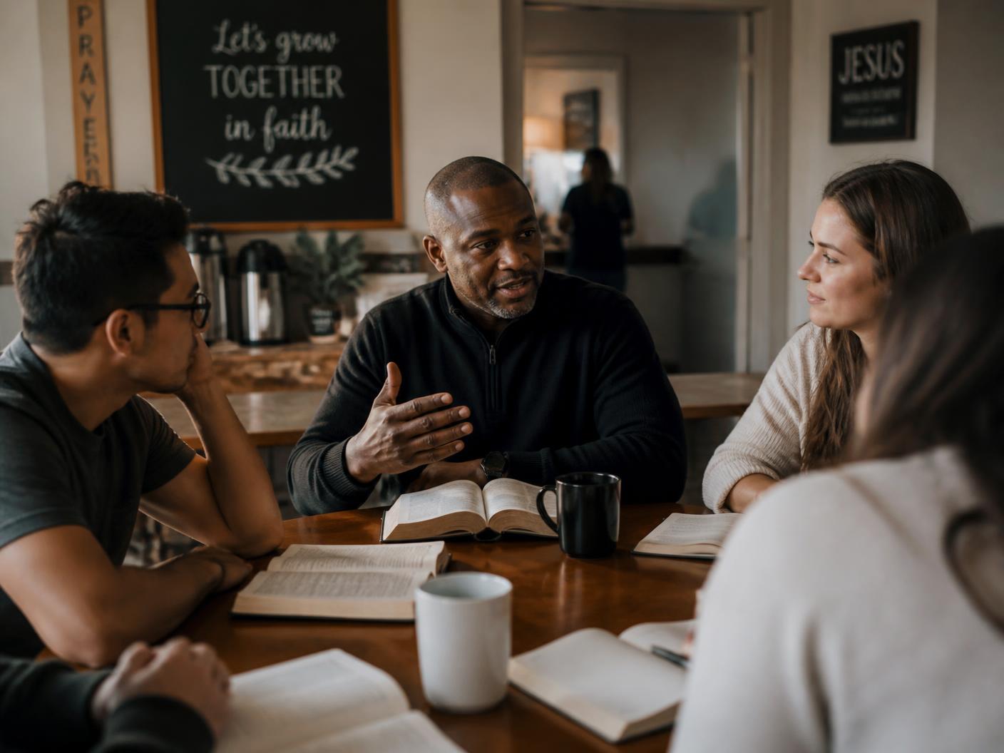 Adults studying Scripture together around a table at a Faith UMC small group in Lancaster County