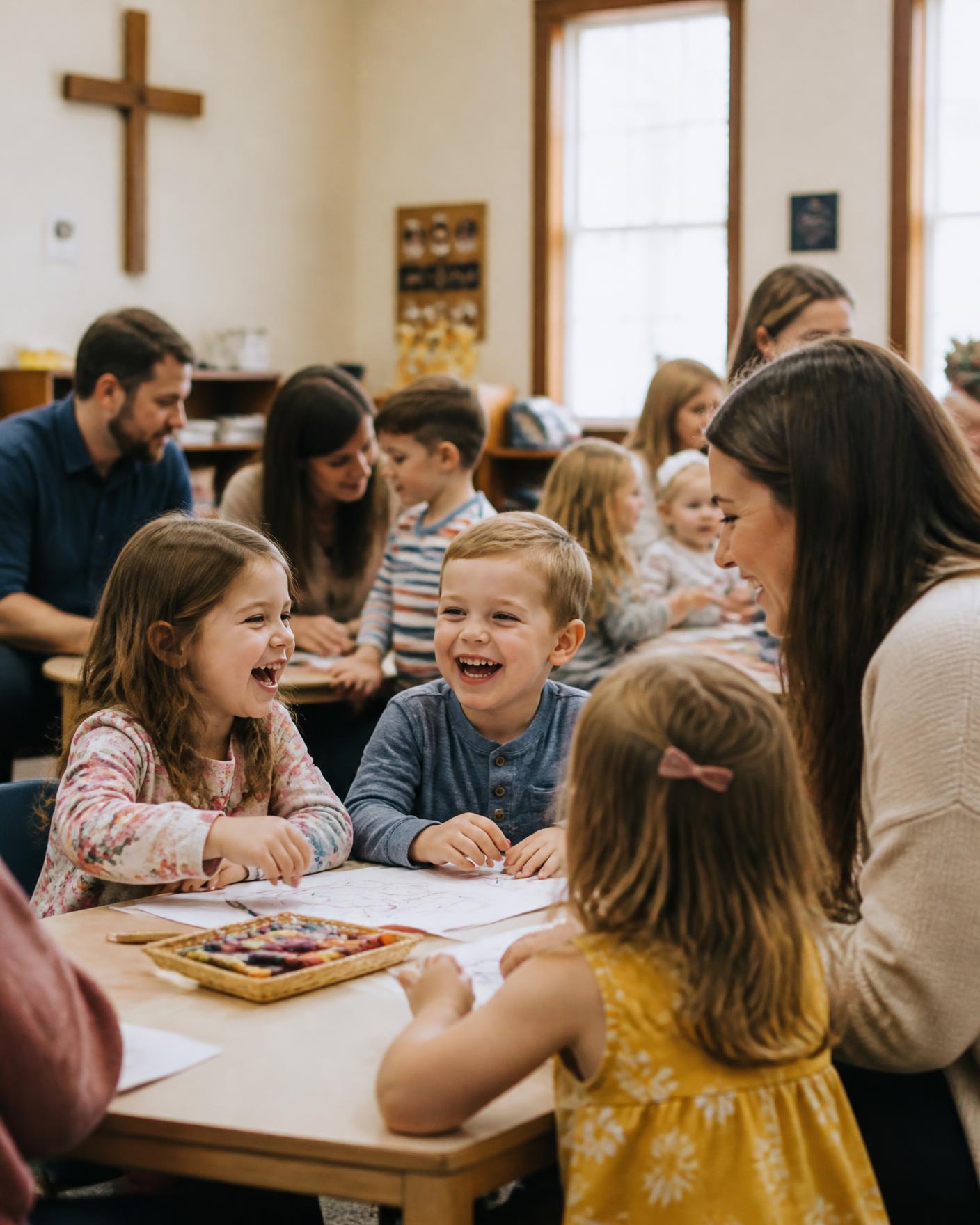 Young children and parents laughing together during a children's ministry activity at Faith UMC in Lancaster, Pennsylvania