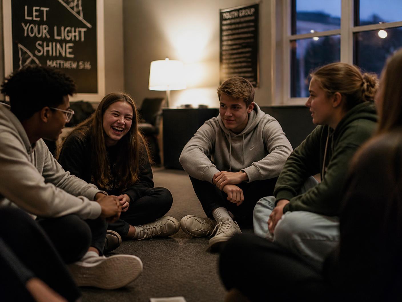 Teenagers sitting together in conversation during a youth ministry gathering at Faith UMC