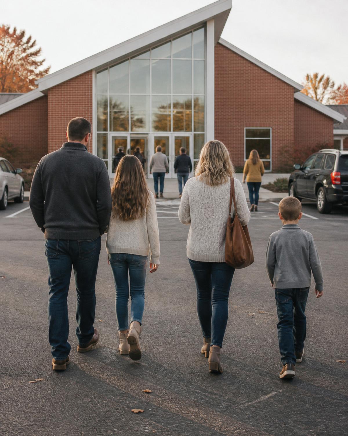 A family walking from the parking lot toward the entrance of their church on a Sunday morning