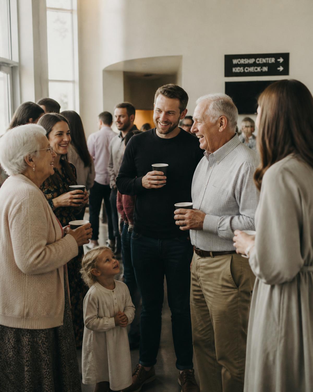 Neighbors of several generations talking over coffee in a church lobby before worship