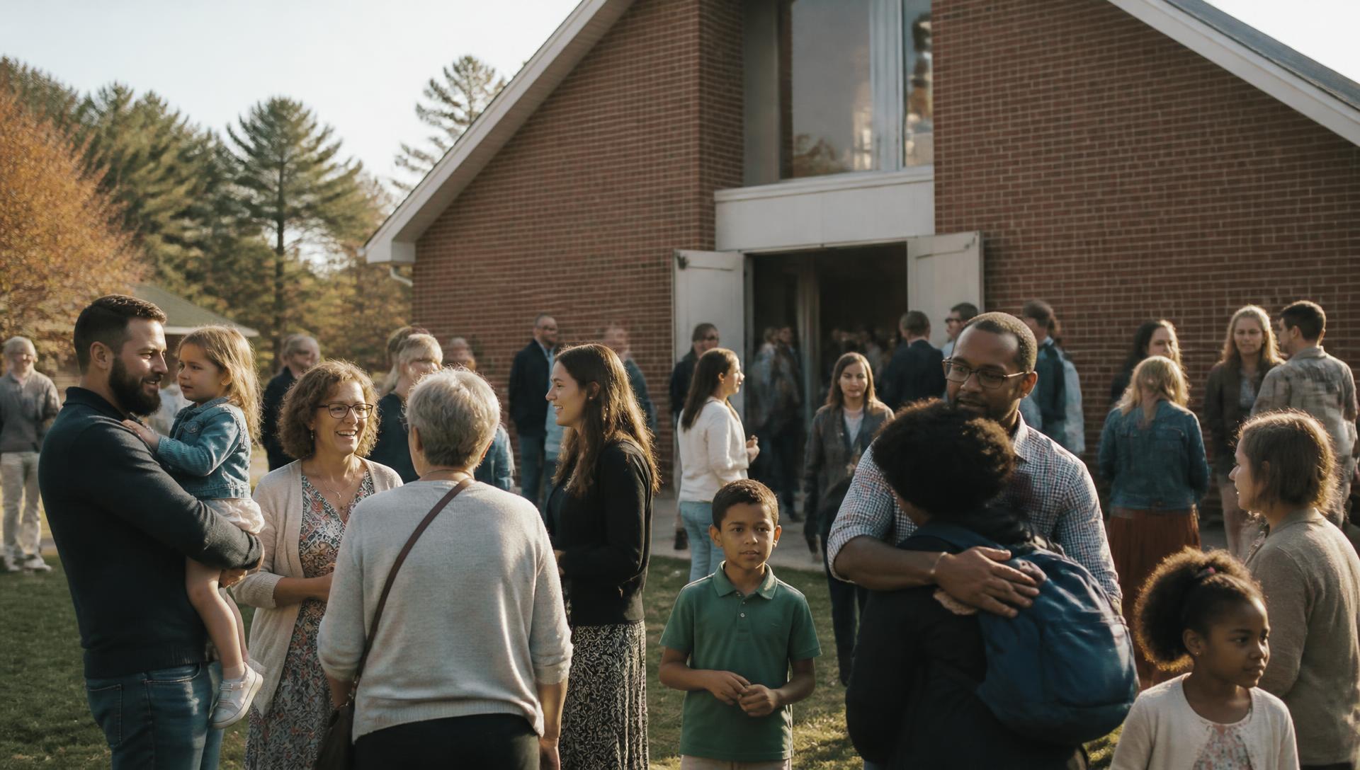 Members of a Lancaster County church greeting one another outside after Sunday worship