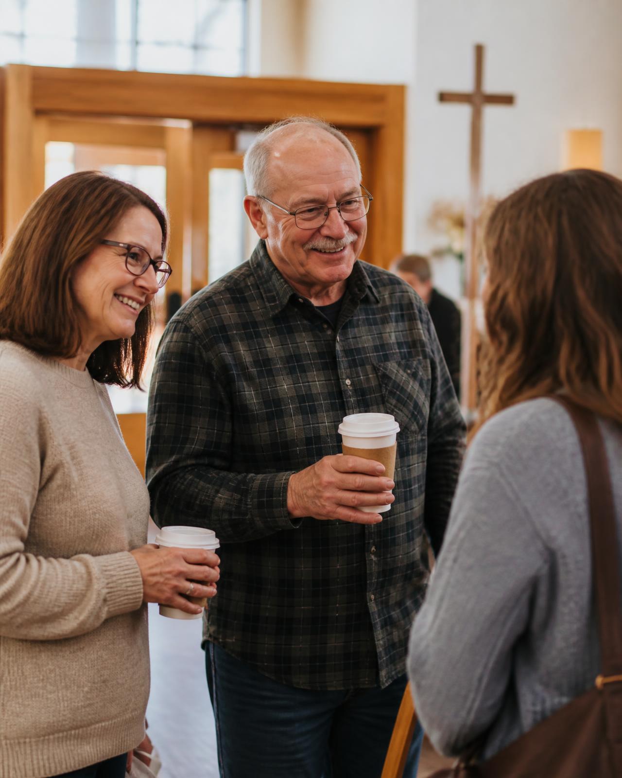 Longtime members welcoming a first-time guest with coffee in the Faith UMC lobby